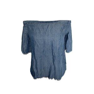 Bp Off The Shoulder Chambray Raw Hem Shirt Blue Top Blouse XS
